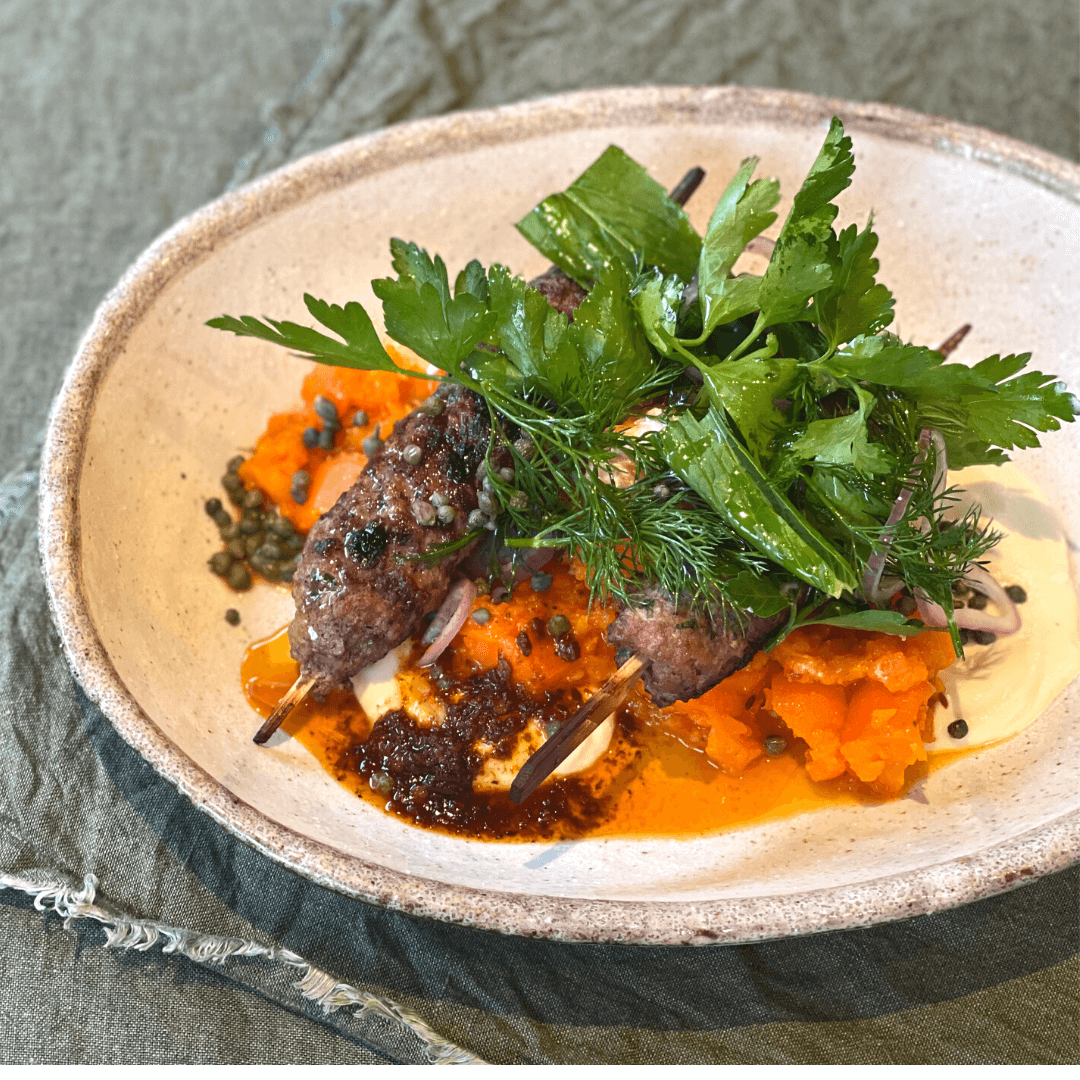 Hearty Harissa Smashed Carrots and Lamb Kofta