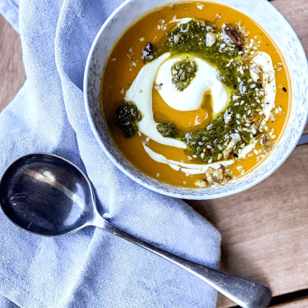 Roasted Pumpkin Soup Finished with Feeling Zhug and Almond Cream